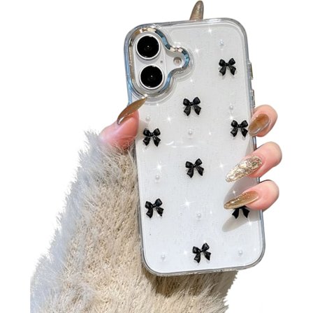 Skal för iPhone 16, Bling Glitter 3D Rosett Telefonfodral Sött Glittrigt Kristallklart Rosett Slim Mjukt Tåligt Skyddande Skal
