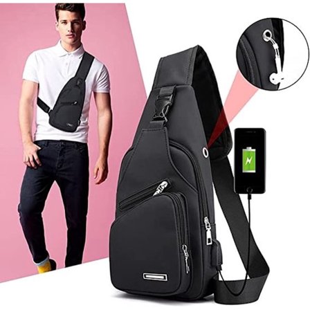 Axelremsväska – med USB-laddningsport – Herr – Bröstväska – Stöldskyddsväska – Svart