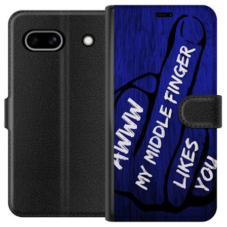 Kompatibelt Lommeboketui til Google Pixel 7a Mørk typografisk illustrasjon med hjerteform og budskap om vennskap mot dyp blå tretekstur