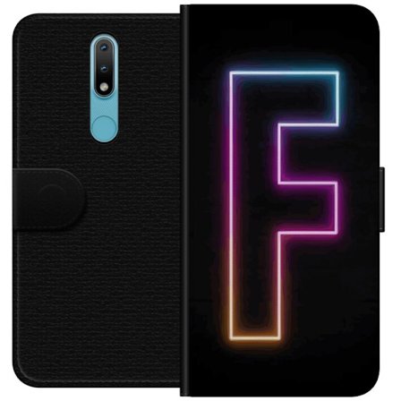 Yhteensopiva Lompakkokotelo Nokia Nokia 2.4 Neonkirjain F vaaleanpunaisella, sinisellä ja keltaisella valokehyksillä tummaa taustaa vasten, graafine