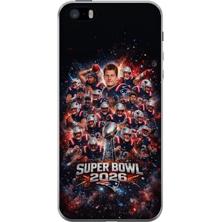 Yhteensopiva Puhelinkuori Apple iPhone SE (2016) Super Bowl 2026 juliste, jossa New England Patriots ja NFL-mestaruuspalkinto räjähtävän urheilullises
