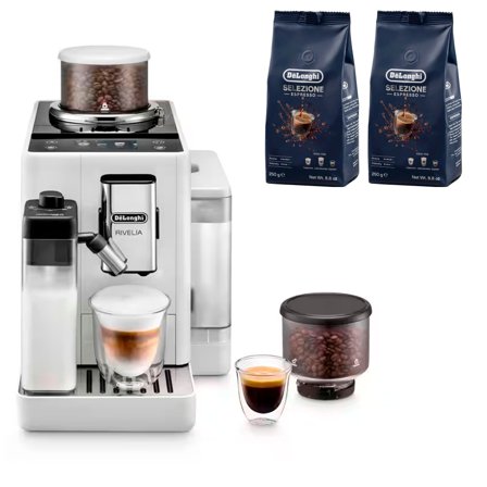 Delonghi Rivelia Helautomatisk kaffemaskine, hvid & 2 stk kaffebønner DLSC600 | KitchenOne