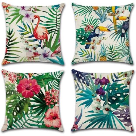 Kuddfodral Set med 4 i Bomull och Linne Tropiska Växter Mönster 45 x 45 cm