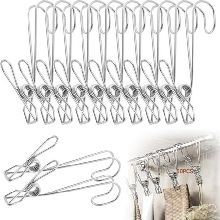 50 st klädnypor i rostfritt stål, långa klädnypor med krokar för tvätt, garderob, kök, badrum