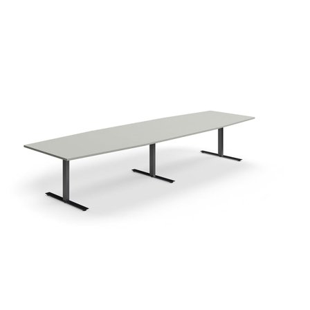 Conference table QBUS, boat shaped, 4000x1200 mm, T-frame, black frame, light grey