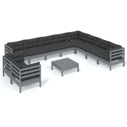 Vidaxl Loungegrupp Med Dynor 11 Delar Grå Massiv Furu Grå