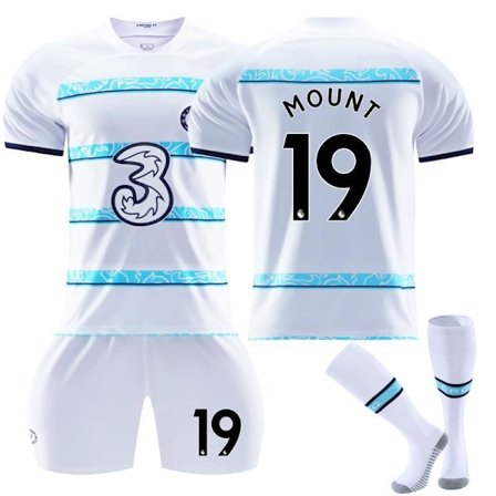 22-23 Chelsea bortaställ nr 10 Pulisic 9 Aubameyang 7 Kante 19 Mount vit fotbollströja