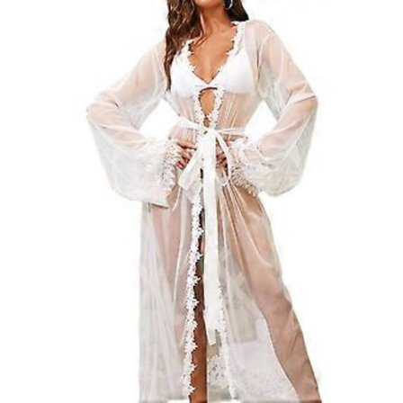 Läpinäkyvä kylpytakki pitsikoristeella, morsiusneidon aamutakki, yöasu, naisten alusvaatteet, kylpytakki, uimapuvun peite, neuletakki, valkoinen XL