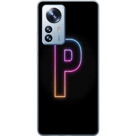 Kompatibel Mobilcover til Xiaomi Xiaomi 12 Pro Minimalistisk neonbogstav P i farvegradient og lyseffekt mod sort baggrund i digital neonstil