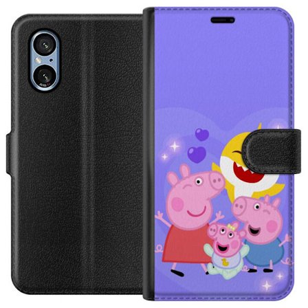 Kompatibel Tegnebogsetui til Sony Xperia 5 V Peppa Gris mønster med hjerter, sommerfugle og venner, lyserød baggrund i bløde børneillustrationer