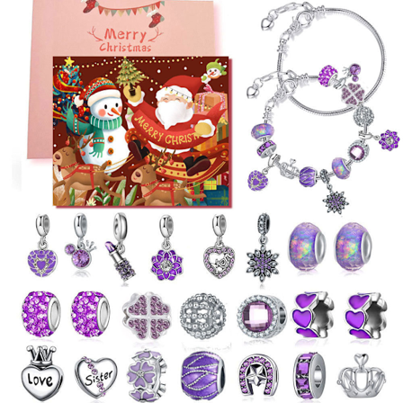 24 stk. julekalender, DIY julearmbåndsett 24 dager nedtelling sjarm smykker blindboks juledekorasjoner for barn Purple