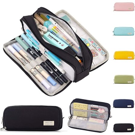 1 stk Skole Blyantveske for Jenter og Gutter - Svart, Stor Blyantveske 3 Rom, Multifunksjonell Blyantveske, Bærbar Kontor Blyantveske, Barn, Skole (