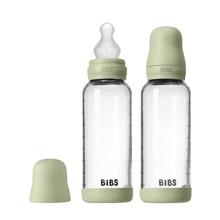 BIBS Glass Baby Bottle Round Silicone 2-Pak Sage 240 ml Medium Flow, Børn & Forældre, Sutteflasker & Tilbehør, Sutteflasker