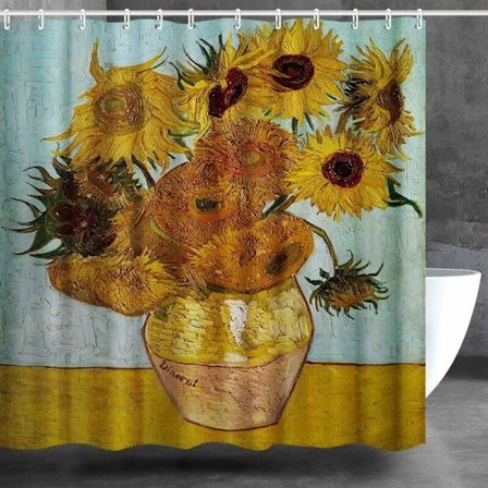 Badeforhængssæt med kroge, Stilleben - Vase med tolv solsikker, 1889 af Vincent Van Gogh, Hjemmekunstmalerier til badeværelse