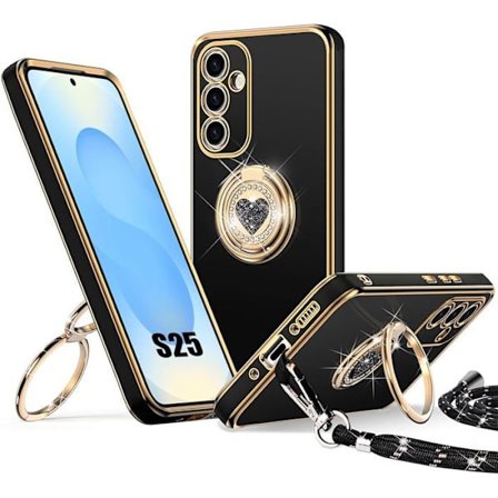 Beskyttelsesskal - BOOLING - til Samsung Galaxy S25 - Sort silikone - Rotationsring - med inkluderet snor