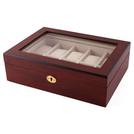 Lockable Gold-Tone & Cherry Wood Watch Case - 10 Watches for Men - Watch boxes