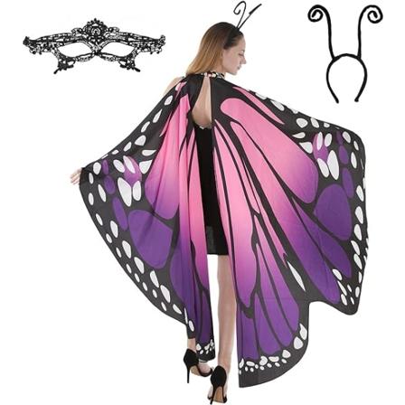IC Butterfly Wing Cape-sjal med spetsmask og pannebånd med svart fløyelsantenne