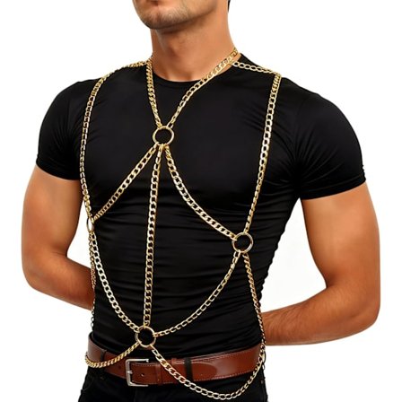 Herre Brystbælte Kæde Kostume Mode Mandlig Goth Skjorte Festival Outfit Skulderbælte Herre Rave Outfit til Festival Fest Rave Halloween Cosplay (Guld)
