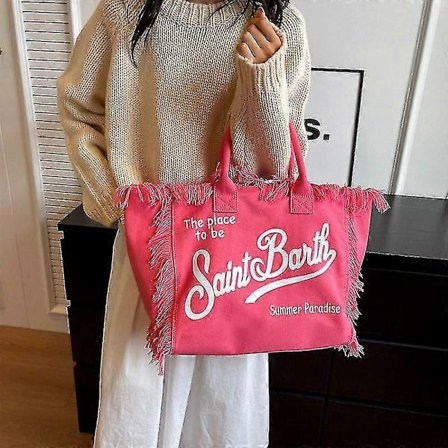 Rummelig strandtaske med håndlavet kvast, stilfuld denimtaske med trendy print