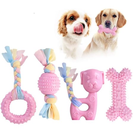 Valp tuggleksaker, 4 st valp tuggleksaker set med boll och bomullsrep, gummileksaker, interaktiva tjejvalp accessoarer present rosa för 8