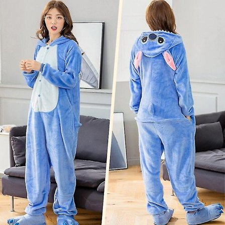 Stitch Voksen Dyre Onesie Vinter Kvinners Pyjamas Onesie Menners Par Kostyme Cosplay Flanell Tegneserie Pyjamas Hjemmekler - Blå Stitch
