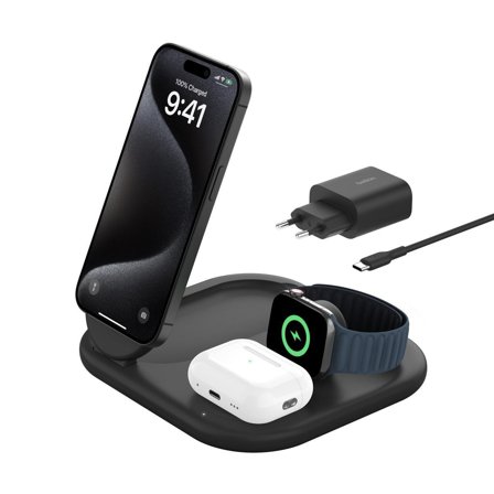Belkin 3-i-1 Qi2 Trådløs lader (sort) 15W Qi2, Apple Watch hurtiglader, 5W AirPods, MagSafe-kompatibel