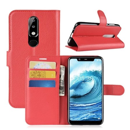 Nokia 5.1 Plus mobiletui i kunstlæder med Litchi overfalde og stativ - Rød