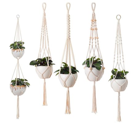 Makrame Plant Hænger i Boho Stil, Håndlavet af Naturlig Bomuldssnor, Distinkt Vintage Design til Indendørs og Udendørs Brug, Miljøvenligt Materiale