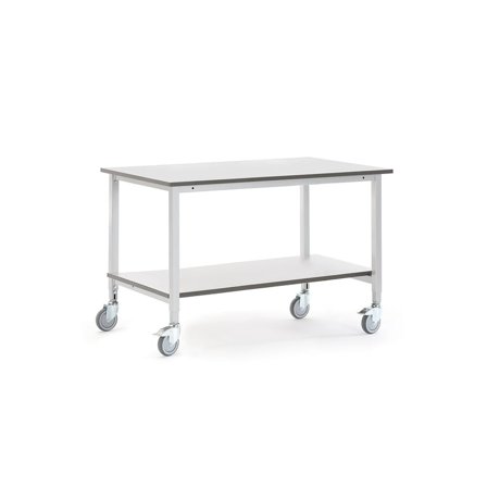 Arbeidsbord på hjul, inkl. hylle, L1200 B800 H800–1200 mm, grå