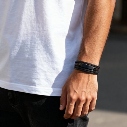 Black and Red Stainless Steel ID Bracelet for Men - Leather bracelets
