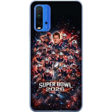 Yhteensopiva Puhelinkuori Xiaomi Redmi 9T Super Bowl 2026 juliste, jossa New England Patriots ja NFL-mestaruuspalkinto räjähtävän urheilullisessa suun