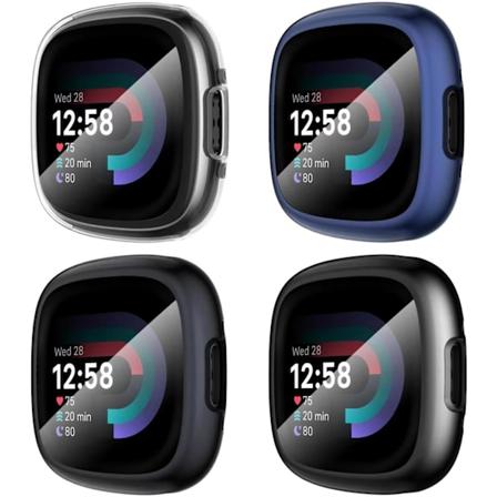Diruite 4-pack fodral för Fitbit Versa 4/Sense 2 skärmskydd, HD stöttåligt mjukt TPU full cover fodral för Fitbit Versa Black+Gun Color+Blue+Clear