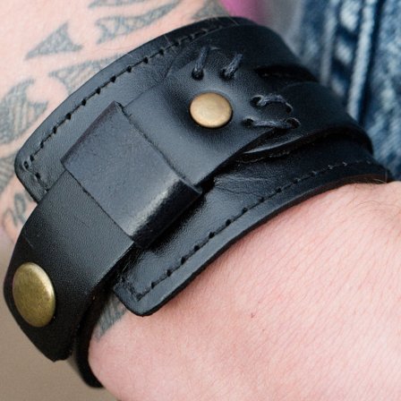 Bracelet large en cuir noir à 2 bandes pour hommes - Bracelets larges