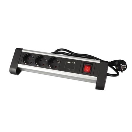 Desktop strømstik med 3 stikkontakter og 2 USB-opladningsporte -