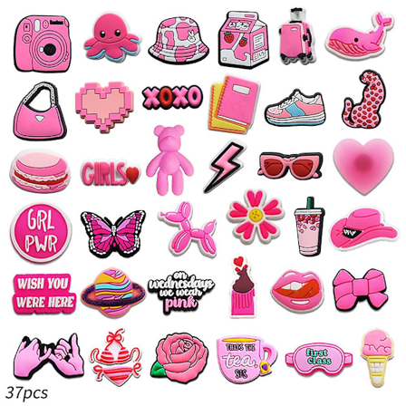 37 stk. lyserøde tegneserieformede sko dekorations charms til børn voksne Crocs sko DIY tilbehør