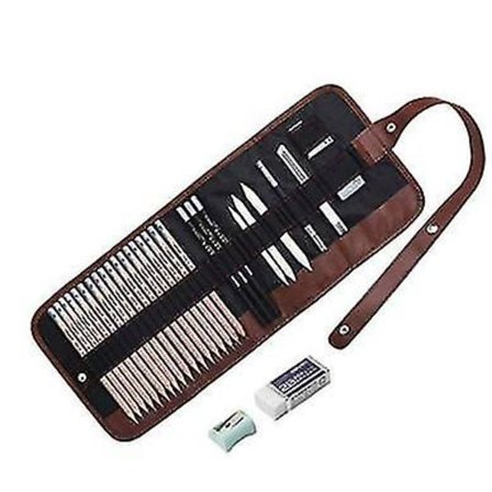 Tegne- og skisseblyantsett, komplett 29-delt kunstnersett med grafitt- og trekullblyanter