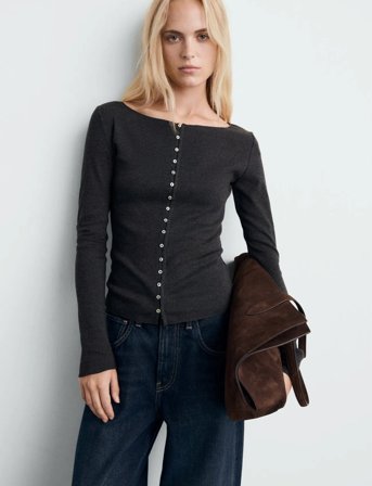 Mango Boat Neck Cardigan With Buttons - Grey - M