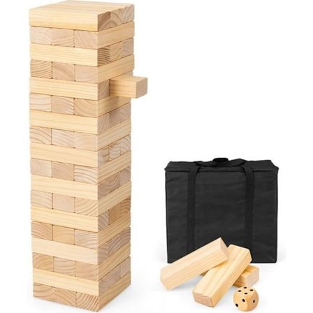 COSTWAY Giant Wooden Infernal Tower, skicklighetsspel med 54 staplingsblock, tärningar och förvaringsväska för åldrarna 3+