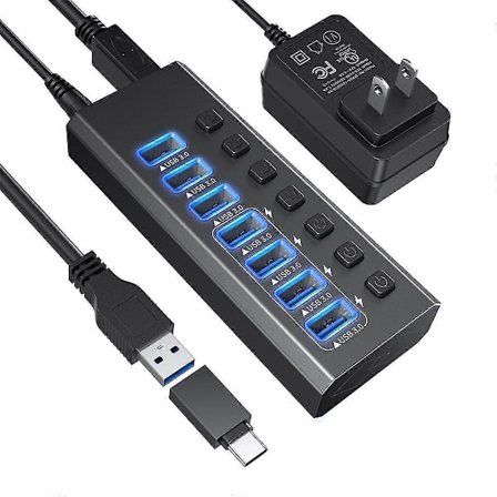 USB 3.0-hub med strömförsörjning, 7-portars USB-hubb, USB-förlängningsdelare och strömhubb, för bärbar dator och skrivare
