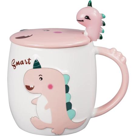 EPFamily Kaffeekopp med lokk og skje 12oz 3D søt dinosaur keramisk krus for venner barn gave til jul rosa