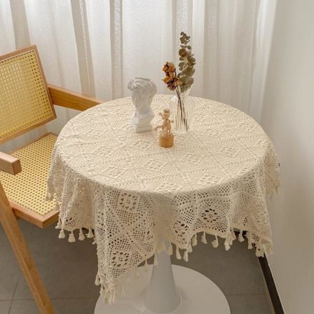 Liten fyrkantig duk - Elfenbensbeige virkad duk för runt soffbord 34 X 34 tum - Rutig