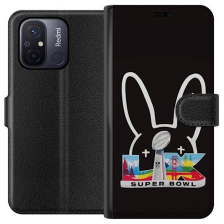 Kompatibel Tegnebogsetui til Xiaomi Redmi 12C Bad Bunny portræt med åben skjorte, tatoveringer og krøllet hår i stilfuld modefotografering