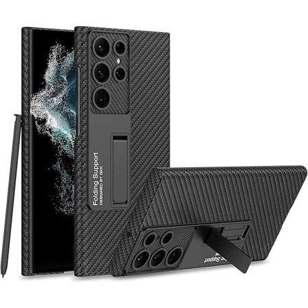 Mat Sort Læder Etui Kompatibel Med Samsung Galaxy S23 Ultra, Ultra Slim Telefon Etui Med Kickstand Carbon Fiber Sort
