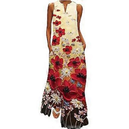 Dame Sommerkjoler Print Lang Kjole Aftenkjoler V-hals Strandkjole Ærmeløs Maxikjole Sommer Mode Afslappede Kjoler Feriekjole til Kvinder(