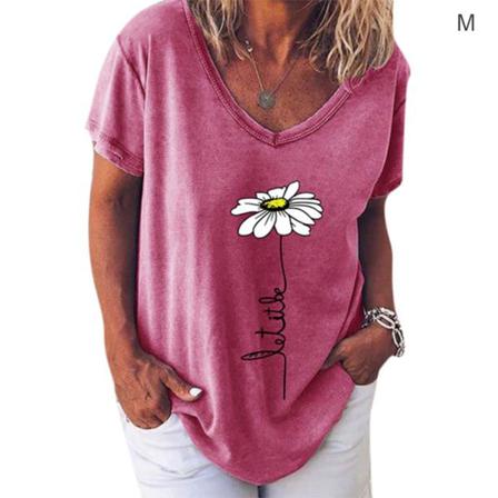 Kvinnor T-shirt V-hals Blomma Utskrift Top Kortärmad Lös