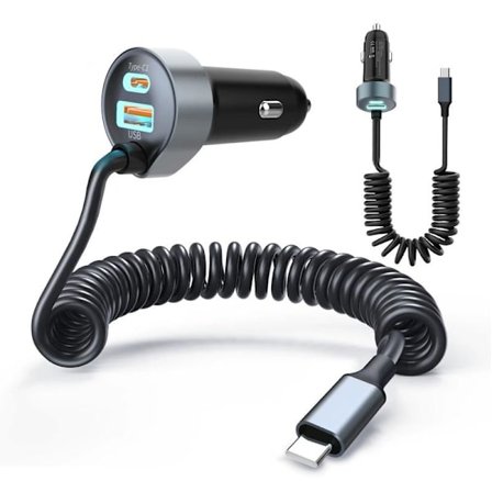 Billaddare USB C Snabbladdning för iPhone 16 med 1,5M 65W USB C Spiralkabel Biltelefonadapter PD&QC3.0 USB-laddare 12V USB-uttag