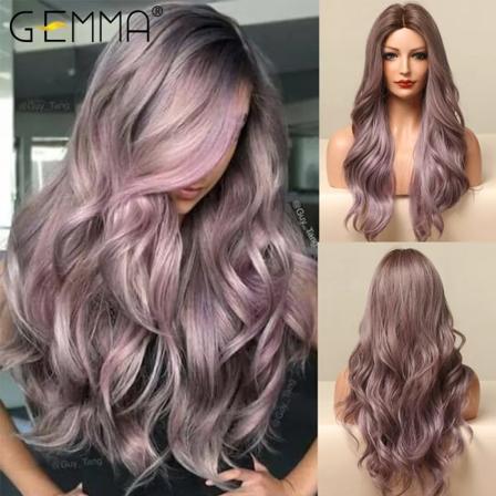 Ombre brun blond lång rak syntetisk peruk med lugg Cosplay peruk för kvinnor hög temperatur naturligt falskt hår LC5224-1