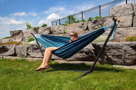 Vivere Hengekøye+Stålstativ Dobbel Blue-Lagoon, Bomull