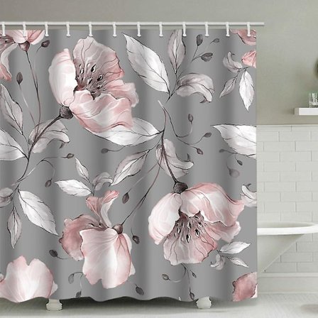 Bruseforhæng med lyserøde blomster, vandtæt bruseforhæng i stof til badeværelset med 12 plastik kroge, flere størrelser (grå blomster)