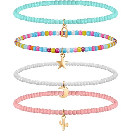 Sommer Boho Flerlags Perlearmbånd, 4 Stykker Elastiske Farverige Perlearmbånd Kæde Æstetiske Bohémiske Armbånd til Kvinder Perler